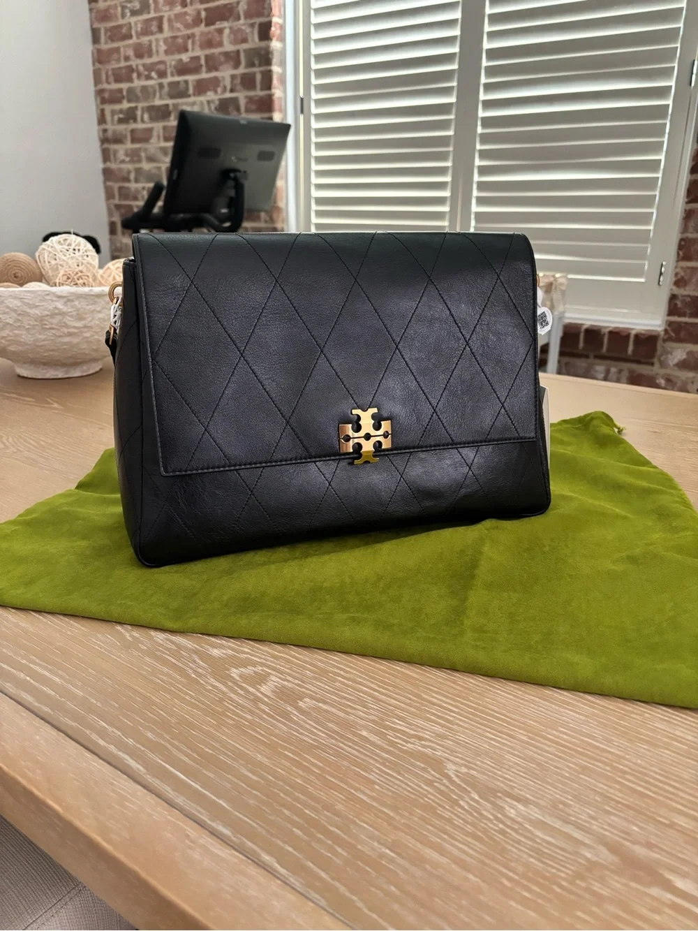 Tory Burch Black Quilted Leather Shoulder Bag with Gold Logo Hardware